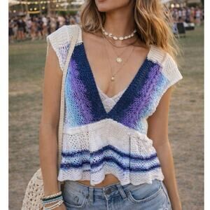 Crochet Sweater Vest XL Womens Blue Purple Knit Boho Hippie Festival Top